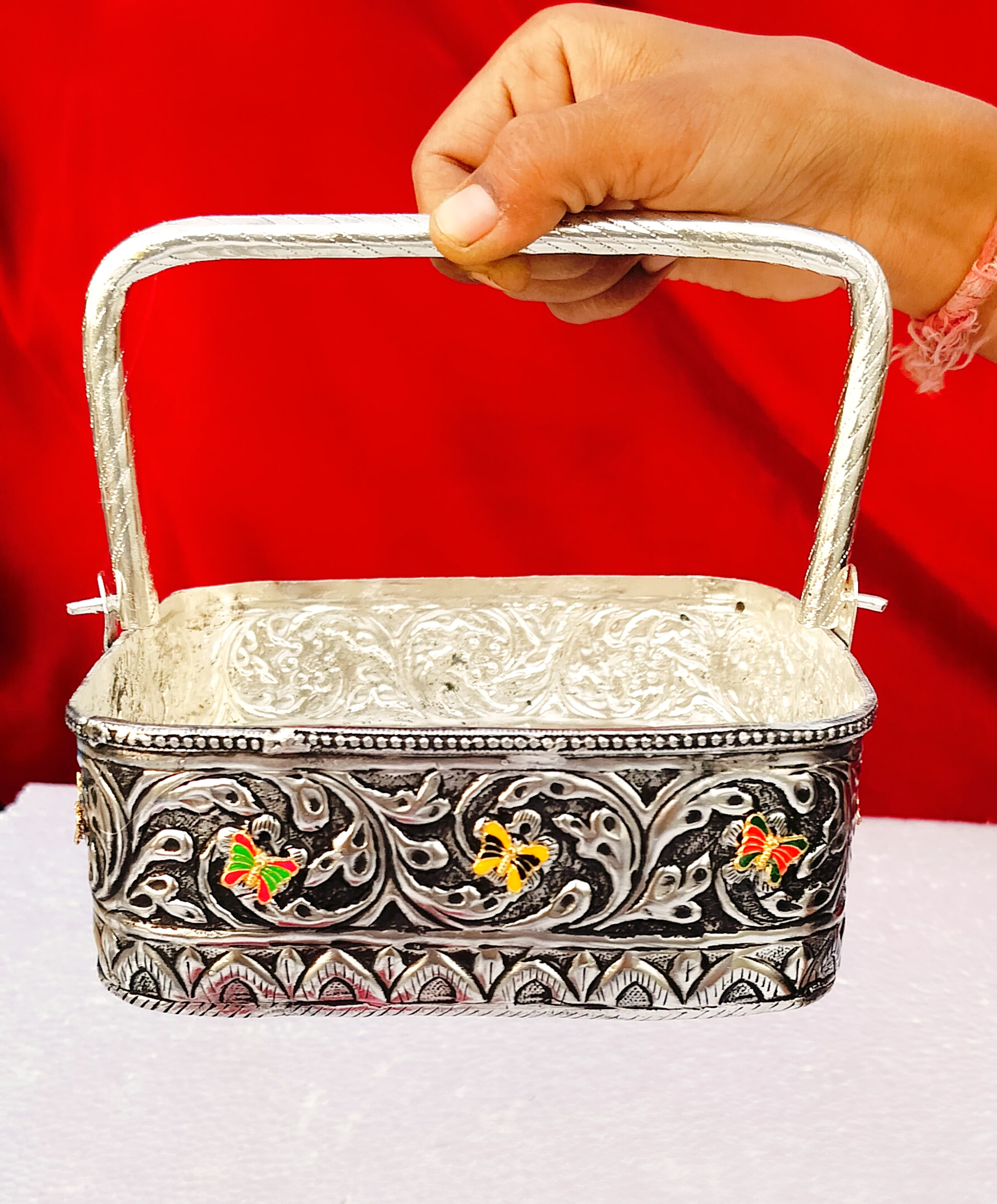 Antique finish German silver square flower basket with butterfly for fruits/flowers